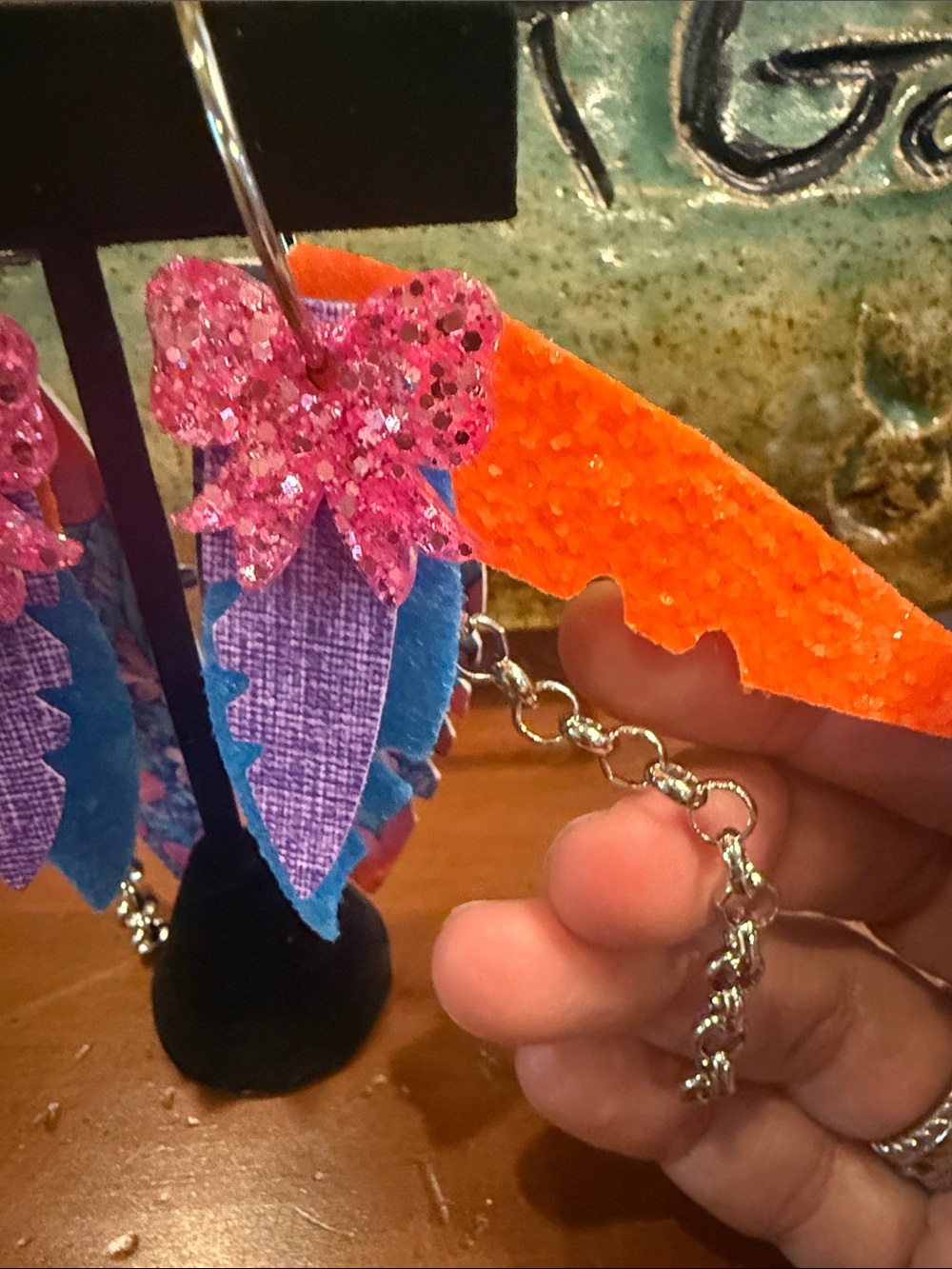 Pink Bow Multicolor Feather Drop Earrings - Picture 4 of 4